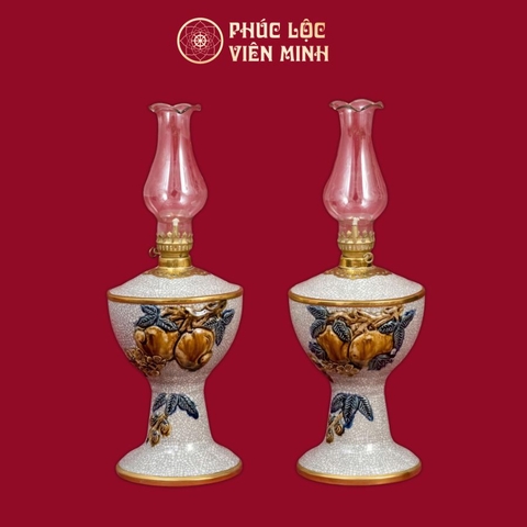 Đèn Thờ Váy Vuông Đào Men Rạn Đắp Nổi Gốm Sứ Bát Tràng - Phúc Lộc Viên Minh