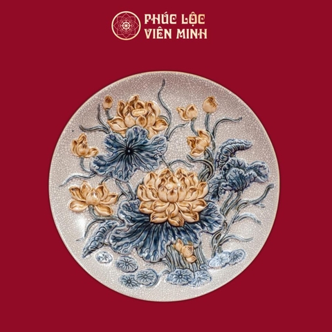 Mâm Bồng Liên Hoa Cát Tường Men Rạn Đắp Nổi Gốm Sứ Bát Tràng - Phúc Lộc Viên Minh