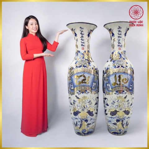 Đôi Lộc Bình Tài Lộc Vẽ Vàng 24k Gốm Sứ Bát Tràng - Phúc Lộc Viên Minh - PL1509