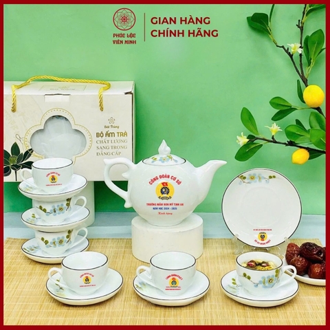 Bộ Ấm Chén In Logo Gốm Sứ Bát Tràng - Phúc Lộc Viên Minh - LD011