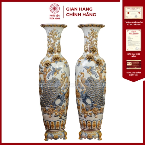 Đôi Lộc Bình Men Rạn Công Đào Đắp Nổi Kênh Bong Gốm Sứ Bát Tràng - Phúc Lộc Viên Minh - PL1514