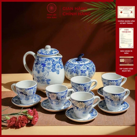 Bộ Hũ Họa Tiết Cúc Xanh Gốm Sứ Bát Tràng - Phúc Lộc Viên Minh - PL013