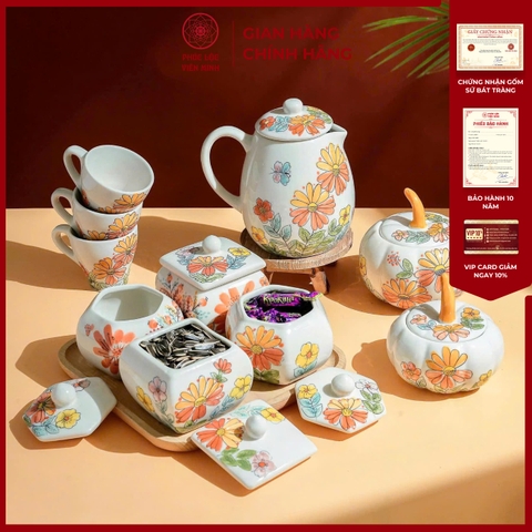 Bộ Hũ Mứt Họa Tiết Hoa Cúc Vàng Cam Gốm Sứ Bát Tràng - Phúc Lộc Viên Minh - PL011