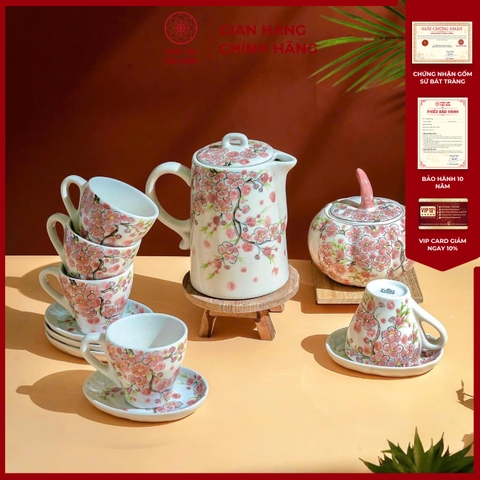 Bộ Ấm Chén Họa Tiết Đào Hồng Gốm Sứ Bát Tràng - Phúc Lộc Viên Minh - PL017