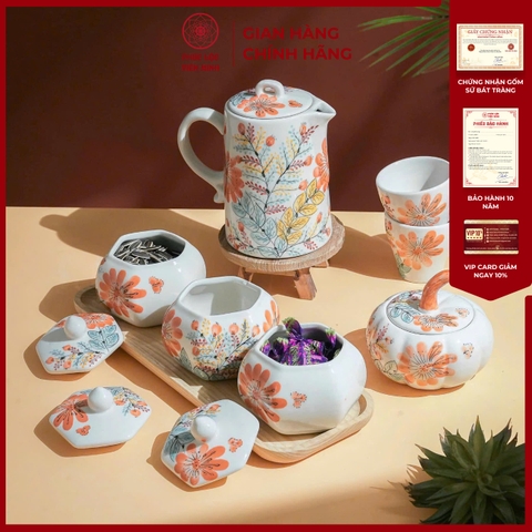 Bộ Hũ Mứt Họa Tiết Hoa Cúc Cam Gốm Sứ Bát Tràng - Phúc Lộc Viên Minh - PL009