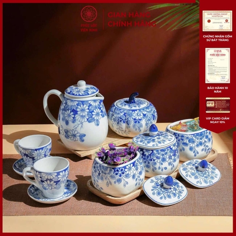 Bộ Hũ Mứt Họa Tiết Cúc Xanh Gốm Sứ Bát Tràng - Phúc Lộc Viên Minh - PL012