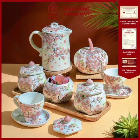 Bộ Hũ Mứt Họa Tiết Hồng Đào Gốm Sứ Bát Tràng - Phúc Lộc Viên Minh - PL002