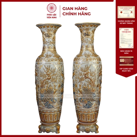 Đôi Lộc Bình Men Rạn Tứ Cảnh Vẽ Vàng 24K Gốm Sứ Bát Tràng - Phúc Lộc Viên Minh - PL1516