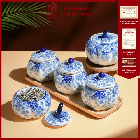 Bộ Hũ Mứt Họa Tiết Cúc Xanh Gốm Sứ Bát Tràng - Phúc Lộc Viên Minh - PL014