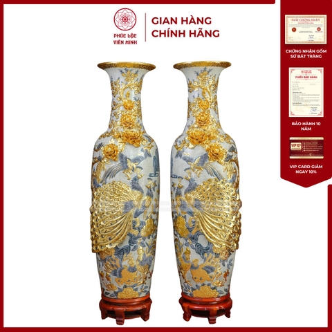 Đôi Lộc Bình Men Rạn Công Đào Đắp Nổi Dát Vàng 24K Gốm Sứ Bát Tràng - Phúc Lộc Viên Minh - PL1511