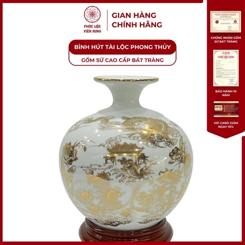 Bình Hút Lộc Công Danh Tài Lộc Vẽl Vàng Kim Gốm Sứ Bát Tràng - Phúc Lộc Viên Minh - PLVM150