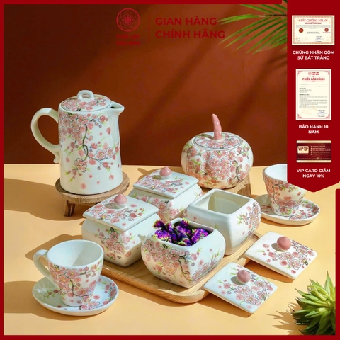 Bộ Hũ Mứt Họa Tiết Đào Hồng Gốm Sứ Bát Tràng - Phúc Lộc Viên Minh - PL001
