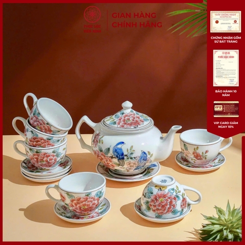 Bộ Ấm Chén Phù Dung Gốm Sứ Bát Tràng - Phúc Lộc Viên Minh - PL016