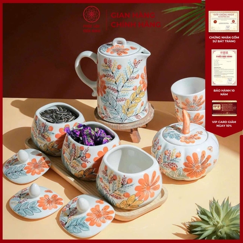 Bộ Hũ Mứt Họa Tiết Hoa Cúc Cam Gốm Sứ Bát Tràng - Phúc Lộc Viên Minh - PL008