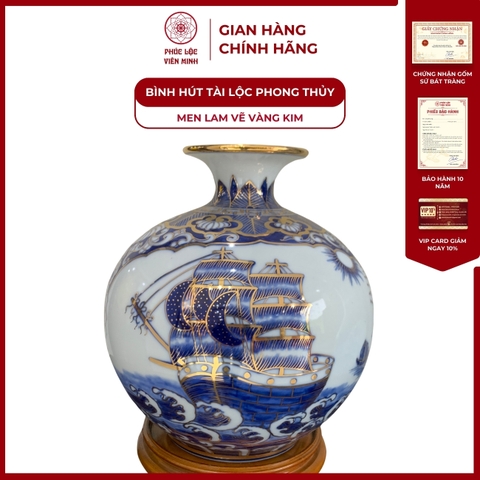 Bình Hút Lộc Nhị Cảnh Men Lam Vẽ Vàng Kim Gốm Sứ Bát Tràng - Phúc Lộc Viên Minh