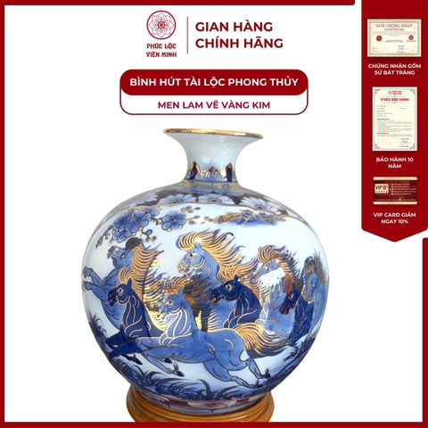 Bình Hút Lộc Nhị Cảnh Mã Đáo Thành Công Men Lam Vẽ Vàng Kim Gốm Sứ Bát Tràng - Phúc Lộc Viên Minh