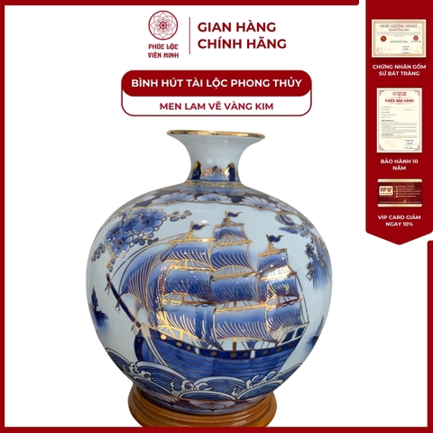 Bình Hút Lộc Nhị Cảnh Men Lam Vẽ Vàng Kim Gốm Sứ Bát Tràng - Phúc Lộc Viên Minh