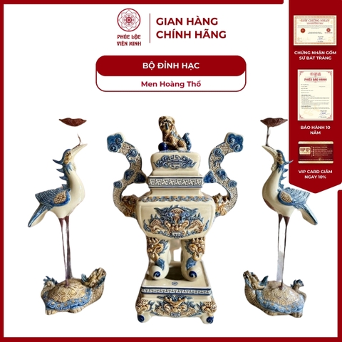 Bộ Đỉnh Hạc Thờ Men Hoàng Thổ Gốm Sứ Bát Tràng - Phúc Lộc Viên Minh