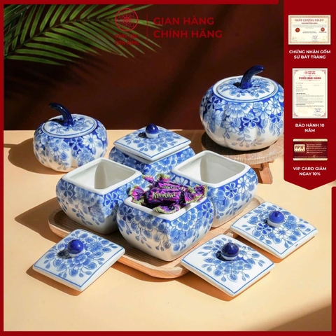 Bộ Hũ Mứt Họa Tiết Cúc Xanh Gốm Sứ Bát Tràng - Phúc Lộc Viên Minh - PL015