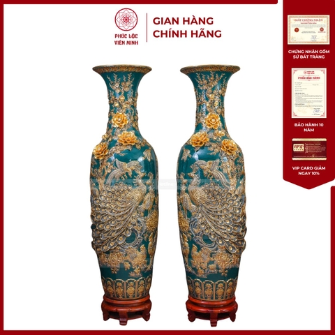 Đôi Lộc Bình Men Xanh Lục Bảo Công Đào Đắp Nổi Kênh Bong Gốm Sứ Bát Tràng - Phúc Lộc Viên Minh - PL1522