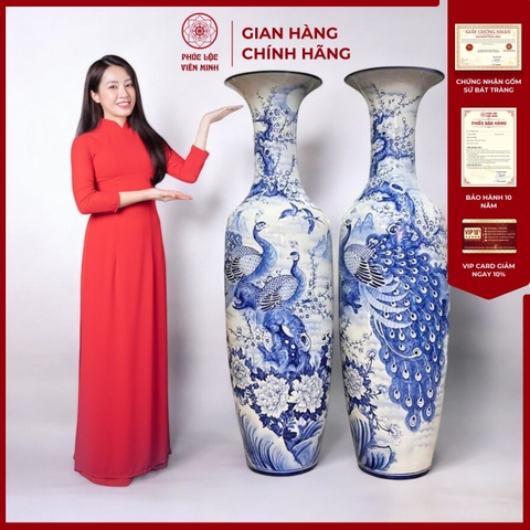 Đôi Lộc Bình Họa Tiết Công Đào Gốm Sứ Bát Tràng - Phúc Lộc Viên Minh - PL061