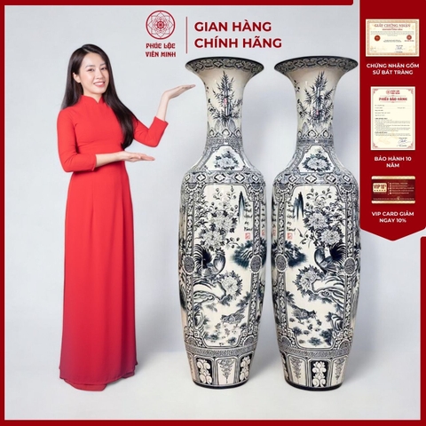 Đôi Lộc Bình Họa Tiết Tứ Cảnh Gốm Sứ Bất Tràng - Phúc Lộc Viên Minh - PL062