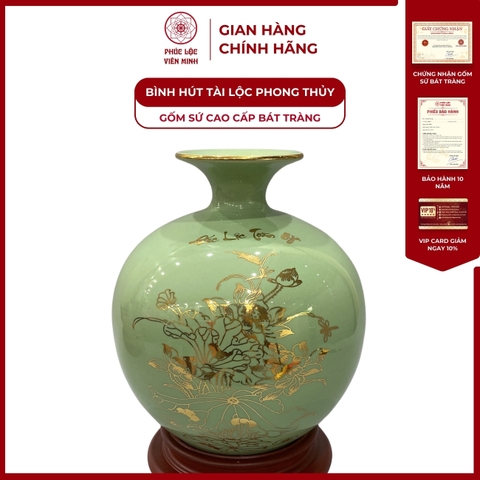 Bình Hút Lộc Đắc Lộc Toàn Gia Vẽ Vàng Kim Gốm Sứ Bát Tràng - Phúc Lộc Viên Minh
