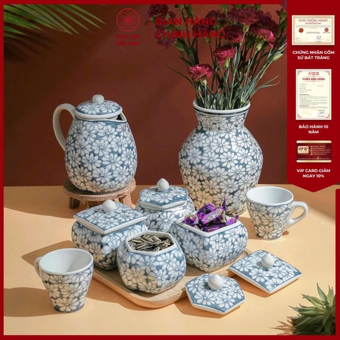 Bộ Hũ Mứt Họa Tiết Cúc Họa Mi Gốm Sứ Bát Tràng - Phúc Lộc Viên Minh - PL005