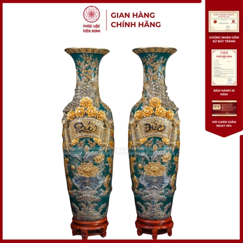 Đôi Lộc Bình Men Xanh Lục Bảo Phúc Đức Đắp Nổi Kênh Bong Gốm Sứ Bát Tràng - Phúc Lộc Viên Minh - PL1523