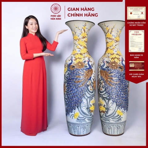 Đôi Lộc Bình Họa Tiết Công Đào Gốm Sứ Bát Tràng - Phúc Lộc Viên Minh - PL063