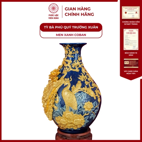 Tỳ Bà Phú Quý Trường Xuân Đắp Nổi Men Xanh Coban Dát Vàng Cao Cấp Gốm Sứ Bát Tràng - Phúc Lộc Viên Minh