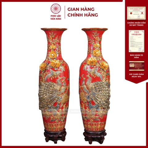 Đôi Lộc Bình Men Đỏ Công Đào Đắp Nổi Kênh Bong Gốm Sứ Bát Tràng - Phúc Lộc Viên Minh - PL1524