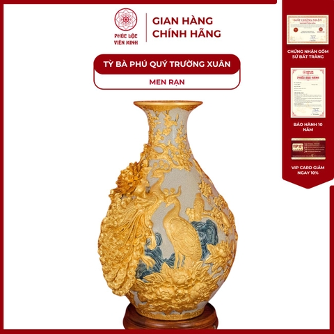 Tỳ Bà Phú Quý Trường Xuân Cao 60cm Đắp Nổi Men Rạn Rát Vàng Cao Cấp Gốm Sứ Bát Tràng - Phúc Lộc Viên Minh