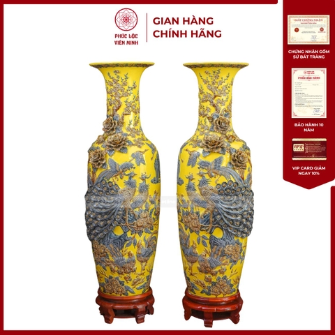 Đôi Lộc Bình Men Vàng Công Đào Đắp Nổi Kênh Bong Gốm Sứ Bát Tràng - Phúc Lộc Viên Minh - PL1525