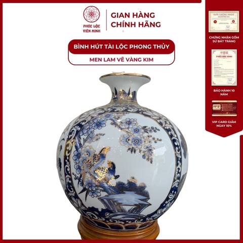 Bình Hút Lộc Tứ Cảnh Men Lam Vẽ Vàng Kim Gốm Sứ Bát Tràng - Phúc Lộc Viên Minh