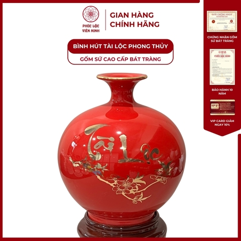 Bình Hút Lộc Chữ Tài Lộc Vẽ Vàng Kim Gốm Sứ Bát Tràng - Phúc Lộc Viên Minh - PLVM161