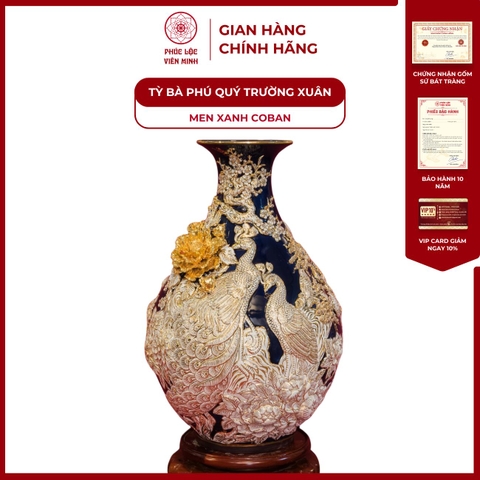 Tỳ Bà Phú Quý Trường Xuân 60cm Men Xanh Coban Vẽ Vàng Gốm Sứ Bát Tràng - Phúc Lộc Viên Minh