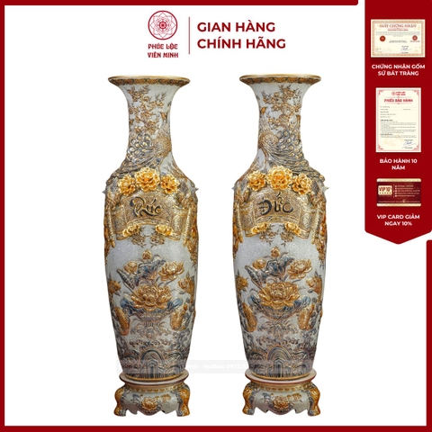 Đôi Lộc Bình Men Rạn Phúc Đức Kênh Bong Đắp Nổi Vẽ Vàng 24K Gốm Sứ Bát Tràng - Phúc Lộc Viên Minh - PL1512