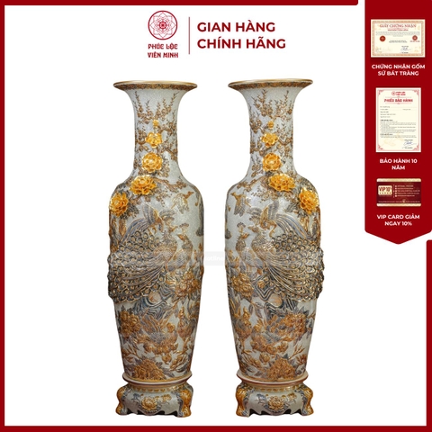 Đôi Lộc Bình Men Rạn Công Đào Vẽ Vàng 24K Gốm Sứ Bát Tràng - Phúc Lộc Viên Minh - PL1513