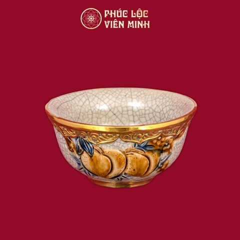 Bát Thờ Đào Men Rạn Bọc Đồng Thếp Vàng Gốm Sứ Bát Tràng - Phúc Lộc Viên Minh