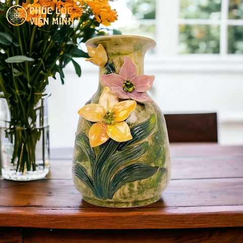 Bình Hoa Cao Cấp Đắp Nổi Độc Bản Gốm Sử Bát Tràng - Phúc Lộc Viên Minh - VM545
