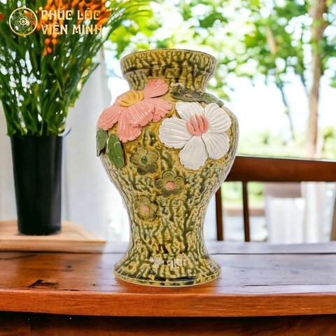 Bình Hoa Cao Cấp Đắp Nổi Độc Bản Gốm Sứ Bát Tràng - Phúc Lộc Viên Minh - VM529