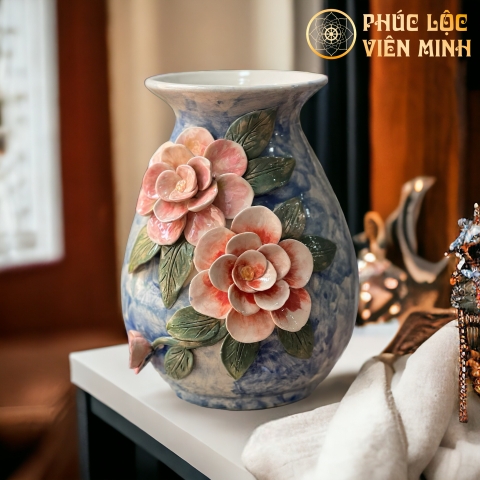 Bình Hoa Cao Cấp Đắp Nổi Độc Bản Gốm Sứ Bát Tràng - Phúc Lộc Viên Minh - VM475