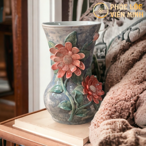 Bình Hoa Cao Cấp Đắp Nổi Độc Bản Gốm Sứ Bát Tràng - Phúc Lộc Viên Minh - VM474