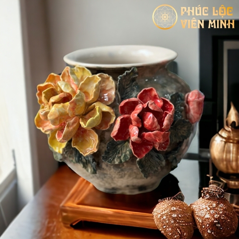 Bình Hoa Cao Cấp Đắp Nổi Độc Bản Gốm Sứ Bát Tràng - Phúc Lộc Viên Minh - VM471