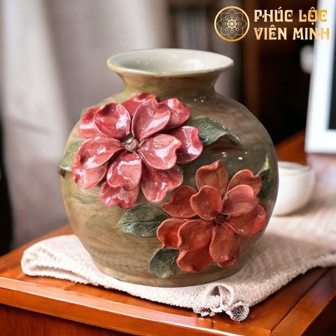 Bình Hoa Cao Cấp Đắp Nổi Độc Bản Gốm Sứ Bát Tràng - Phúc Lộc Viên Minh - VM466