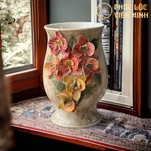 Bình Hoa Cao Cấp Đắp Nổi Độc Bản Gốm Sứ Bát Tràng - Phúc Lộc Viên Minh - VM465
