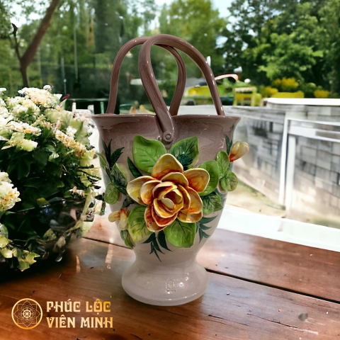 Bình Hoa Đắp Nổi Độc Bản Gốm Sứ Bát Tràng - Phúc Lộc Viên Minh - VM462