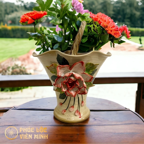 Bình Hoa Đắp Nổi Độc Bản Gốm Sứ Bát Tràng - Phúc Lộc Viên Minh - VM453