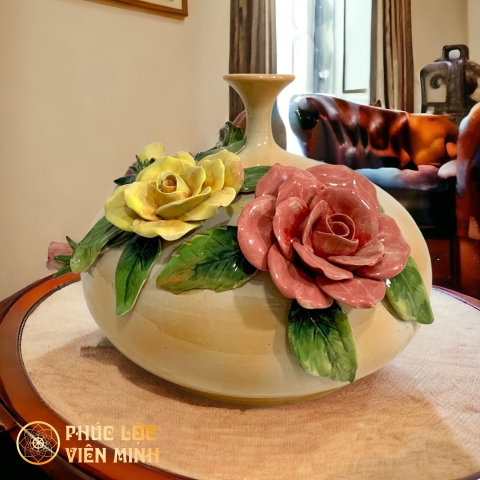 Bình Hoa Cao Cấp Đắp Nổi Độc Bản Gốm Sứ Bát Tràng - Phúc Lộc Viên Minh - VM452